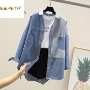 夏典素訂女王（SE.PSTP）拼接牛仔襯衫女外搭春秋款2025韓版百搭寬松長(cháng)袖襯衣牛仔女外套 186-中藍色 L 建議115-130斤
