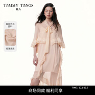 糖力商場(chǎng)同款 輕奢系列 2025夏新款斗篷荷葉邊真絲喬其紗連衣裙女 花色 粉色 輕柔真絲喬琪 兩件式 S