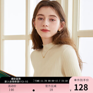 三彩冬款純色坑條針織衫木耳邊半高領(lǐng)修身打底內搭簡(jiǎn)約女 米白色 S