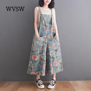 WVSW輕奢潮牌減齡印花牛仔背帶褲女春夏季2023新款洋氣吊帶闊腿連體褲 淺藍(lán)色 M【建議90-110斤】