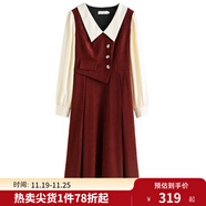 獨束大碼女裝假兩件撞色襯衫領(lǐng)連衣裙女秋冬微胖mm文藝復古穿搭裙子 勃艮第紅【適合160左右】 2XL