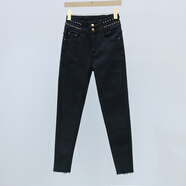 歐貨潮流高腰修身牛仔褲2024新款冬季抓絨顯瘦鉛筆褲女時(shí)尚小腳褲 黑色 26