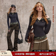 UNIFREE假兩件連帽長(cháng)袖T恤女美式復古撞色辣妹修身顯瘦百搭上衣 深灰色 S