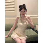 純欲鑲鉆掛脖v領(lǐng)吊帶連衣裙女夏性感氣質(zhì)露背短款上衣半身裙套裝 杏色套裝 S S