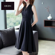 花花公子（PLAYBOY）赫本風(fēng)小紅裙夏季新款韓版褶皺顯瘦V領(lǐng)短袖大碼純黑色連衣裙女 黑色（無(wú)袖款） 2XL 【建議125-135斤穿】