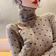 香影芬高領(lǐng)毛衣女款春秋歐貨新款洋氣修身內搭加厚千鳥(niǎo)格針織打底衫上衣 咖啡色 3XL (建議135-150斤)