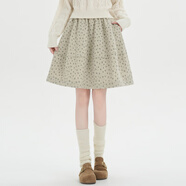 Rindu高腰a字裙半身裙碎花毛呢碎花短裙女秋冬中裙小個(gè)子松緊腰高腰顯 杏色 XL