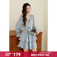 謎秀碎花連衣裙牛仔馬甲套裝女秋季V領(lǐng)荷葉邊泡 藍色  連衣裙 L