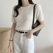 韓國chic夏季簡(jiǎn)約氣質(zhì)圓領(lǐng)麻花紋修身顯瘦純色泡泡袖針織衫上衣女 杏色 M M