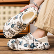 宅族部落棉拖鞋男2025新款冬季保暖加絨加厚男士居家室內軟底防滑包頭棉鞋 米白 35 35