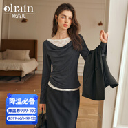 Olrain歐芮兒灰色長(cháng)袖T恤女秋季新款蕾絲一字肩蕩領(lǐng)雙層上衣 灰色 M
