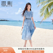 香影藍色泡泡袖連衣裙女2025夏季新款法式超好看風(fēng)琴褶正肩高腰裙 藍色 S