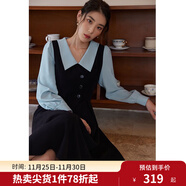 獨束大碼女裝假兩件撞色襯衫領(lǐng)連衣裙女秋冬微胖mm文藝復古穿搭裙子 墨染黑【適合165左右】 3XL