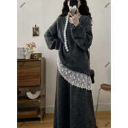 大碼女裝2025秋冬超火搭配一整套蕾絲屁簾飄帶掛脖毛衣兩件套裝裙 深灰套裝優(yōu)質(zhì)版大碼女/梨形身材/微胖穿搭/女士/高級感 M M90-100斤