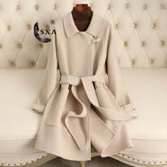 SXA香港潮牌雙面呢羊毛大衣女短2025新款小個(gè)子收腰綁帶呢子外套 米杏色 M