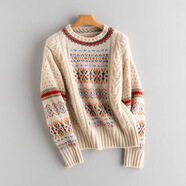 沙馳（SATCHI）復古提花純羊毛衫女士羊圓領(lǐng)加厚毛衣慵懶風(fēng)針織打底衫 暖米韻 M