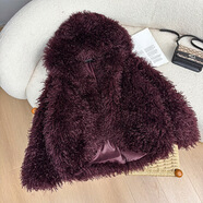 寬松卷卷毛皮草百搭灘羊毛長(cháng)袖人造皮草高級感外套女裝外套 酒紅 L