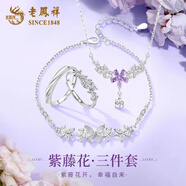 老鳳祥紫藤花開(kāi)情侶對戒999足銀男女款輕奢戒指紀念日禮物送女朋友老婆  B款-紫藤花【項鏈+手鏈+對戒】品牌禮盒