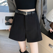 CamalgOri美拉德咖色毛呢短褲女美式復古西裝秋冬高腰字外穿打底靴褲 黑色 S