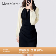 MeetMetro瑪依爾2025秋季新撞色拼接不規則開(kāi)叉修身包臀連衣裙女 米白+黑色【現貨閃電發(fā)】 S
