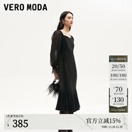 VEROMODA連衣裙秋季女裝新款天鵝絨拼接網(wǎng)紗魚(yú)尾長(cháng)裙鉆石領(lǐng)東方簡(jiǎn)奢風(fēng) 紗袖絲絨裙-黑色 S
