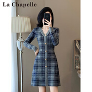 拉夏貝爾（La Chapelle）時(shí)尚英倫風(fēng)V領(lǐng)針織連衣裙女2025秋冬新款感格紋內搭打底裙子 灰色 M