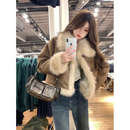 俞兆林（YUZHAOLIN）韓版顯瘦外套女2025秋冬新款法式復古皮毛一體棕色麂皮絨短外套女 咖色  【加】 厚款 S 80-95斤