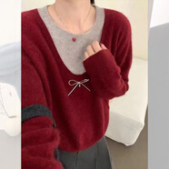 鹿王戀雪假兩件套頭毛衣女秋冬季2025新款圓領(lǐng)寬松顯瘦休閑打底針織衫上衣 紅色 2XL 【125-140斤】