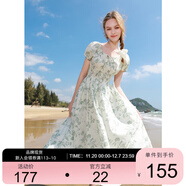 三彩2025夏季新款純棉連衣裙印花U領(lǐng)收腰A字裙泡泡袖中長(cháng)裙M