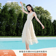 香影無(wú)袖背心連衣裙女2025夏季新款高腰超仙拼接網(wǎng)紗層層蛋糕裙子 米色 S