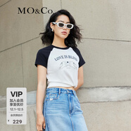 MO&Co.美式復古丘比特印花撞色插肩袖圓領(lǐng)短袖微修身棉T恤上衣上裝 黑色-第2批 M 165