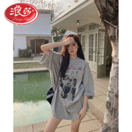 浪莎美式復古中長(cháng)款BF風(fēng)純棉短袖T恤男女夏季寬松情侶裝上衣 淺灰色 M 建議100斤以?xún)?
                                         title=