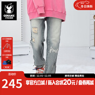 閃電潮牌（GENANX）水洗牛仔褲破洞線(xiàn)須褲腳拉鏈開(kāi)衩修身小腳牛仔長(cháng)褲 牛仔藍 32