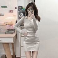 園翌v領(lǐng)長(cháng)袖針織包臀裙女初春裝修身顯瘦獨特超好看連衣裙子 連衣裙【連身裙子/歐美裙子/高級感超好看連衣裙/長(cháng) S