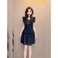 法式黑色雪紡V領(lǐng)洋裝女荷葉邊裙子背心裙寬松洋裝中長(cháng)版裙子 黑色洋裝 L L85-110斤