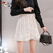 啄木鳥(niǎo)（TUCANO）高腰格子毛呢a字短裙女秋冬小香風(fēng)半身裙不規則荷葉邊魚(yú)尾裙包裙 杏色 XL