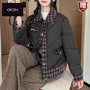 花花公子（PLAYBOY）2025秋冬季小香風(fēng)拼接服小個(gè)子女生短款,時(shí)尚格紋翻領(lǐng)保暖服 官方旗艦黑色 59 官方旗艦M 衣長(cháng)59 胸圍110 肩寬59