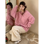 鹿王戀雪韓系連帽開(kāi)衫毛衣女秋冬季2025新款寬松慵懶風(fēng)軟糯針織衫外套上衣 粉色 L 105-115斤