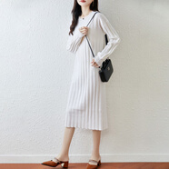 kangnai羊毛連衣裙女士秋冬圓領(lǐng)寬松顯瘦套頭燈籠袖毛衣過(guò)膝打底裙 白色 S