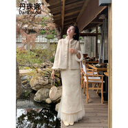 丹珠娜（DanZhuNa）加絨加厚新中式連衣裙毛呢繡花馬甲國風(fēng)毛毛保暖旗袍秋冬兩件套裝 加絨旗袍 （無(wú)紗裙）（無(wú)包包） S