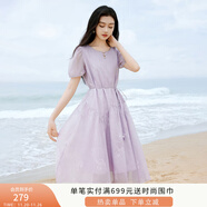 香影氣質(zhì)印花連衣裙女2025夏裝新款米白色泡泡袖圓領(lǐng)中長(cháng)絕美裙子 淺紫 S 155/80A/85-95斤
