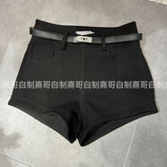 白色修身性感短褲簡(jiǎn)單高端的春季高腰修身腰帶提臀長(cháng)腿休閑褲 黑色配單扣水鉆黑皮帶 S S