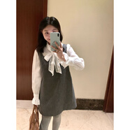 園翌小香風(fēng)套裝裙女秋冬氣質(zhì)名媛灰色毛呢背心連衣裙蝴蝶結襯衫兩件套 背帶裙+襯衫 S