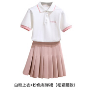 山頭林村高爾夫女士短袖服裝翻領(lǐng)上衣恤運動(dòng)休閑球服女防走光短裙套裝 白粉T+粉裙(有彈松緊腰款) S