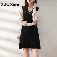 Z.R.Zoro輕奢品牌連衣裙女2025冬季新款拼接減齡氣質(zhì)裙外搭百搭休閑上衣女 黑色 M
