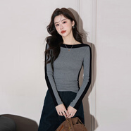 一字領(lǐng)長(cháng)袖感打底衫女秋冬內搭2025年新款針織百搭打底 暗灰拼黑 M _【90-102斤】