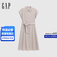 蓋璞女裝2025夏季新款亞麻混紡無(wú)彈襯衫翻領(lǐng)收腰長(cháng)款連衣裙765871