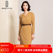 名師路V領(lǐng)針織連衣裙女冬季新款通勤甜美休閑套頭長(cháng)袖鉛筆裙 黃色 M