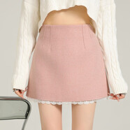 韓系甜美蕾絲拼接花邊2025冬季毛呢裙高腰包臀裙a字裙顯瘦多巴胺 粉紅色 M