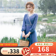 煙花燙收腰連衣裙女2025新款秋裝v領(lǐng)清新藍色燈籠袖網(wǎng)紗裙子 映菱 藍色 M